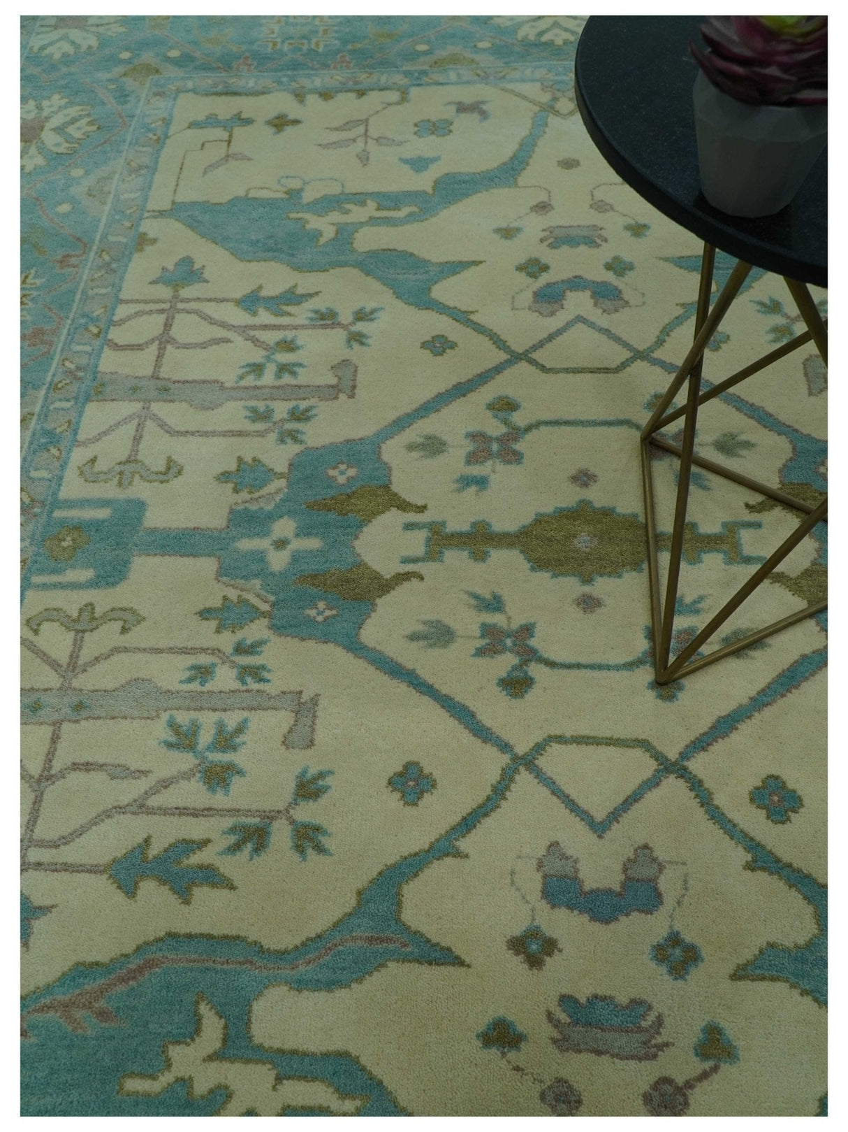 Richmond Custom Made Ivory and Teal Hand Knotted Oushak Wool Rug