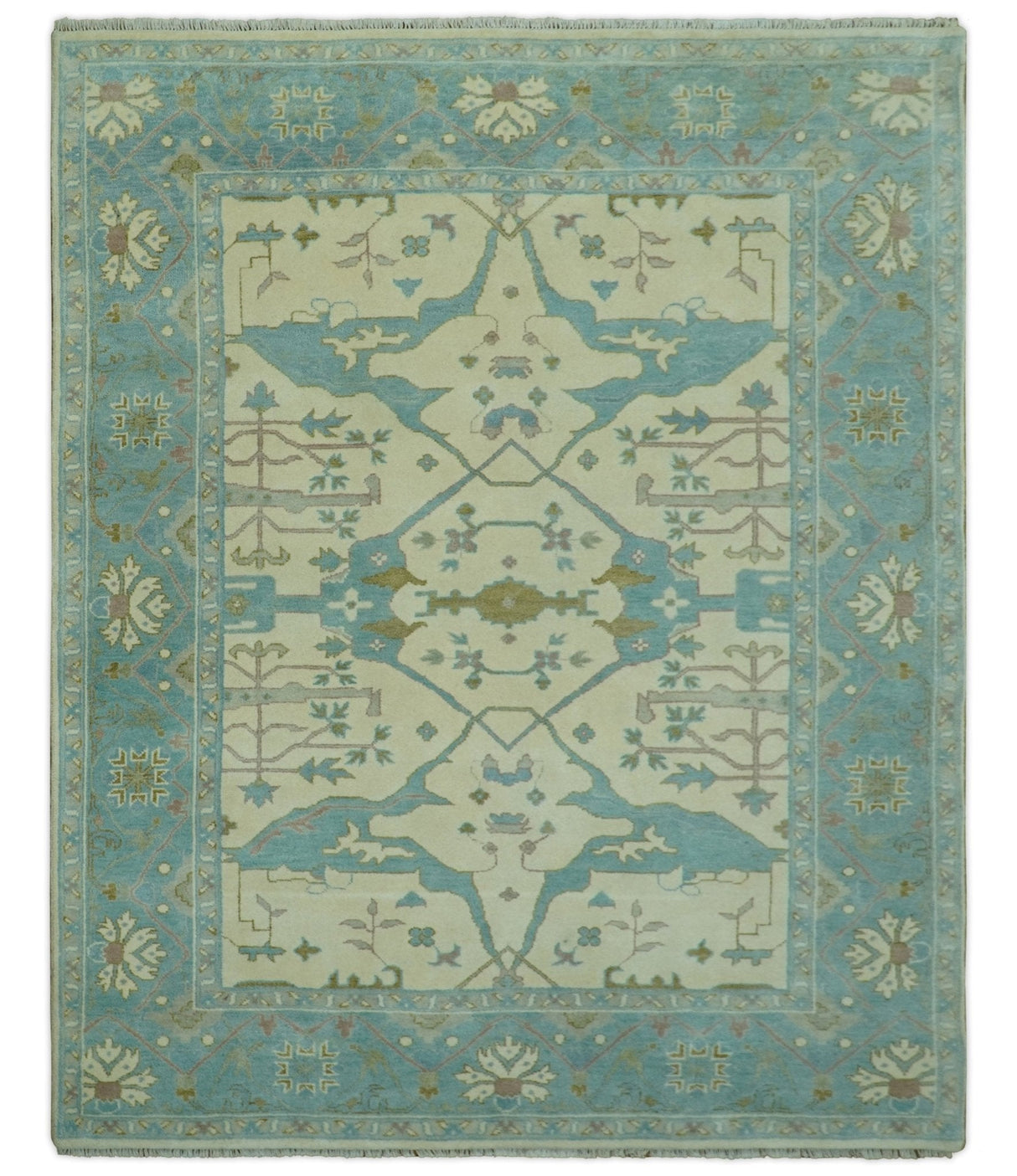 Richmond Custom Made Ivory and Teal Hand Knotted Oushak Wool Rug