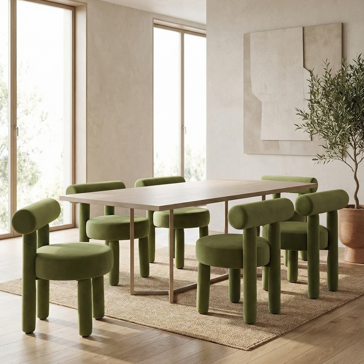 Rogolo Dining Chair in olive green velvet with cylindrical legs and backrest, around a light wood dining table.