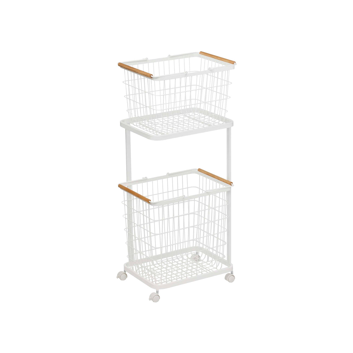 Rolling Laundry Cart + Wire Baskets (38" H) - Steel + Wood-Laundry Basket-Parc Decor
