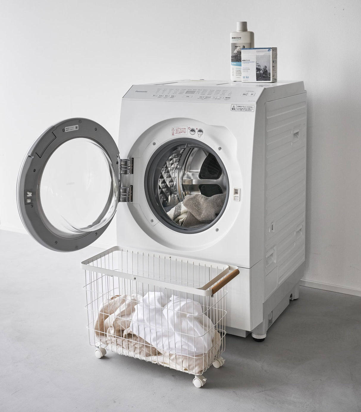 Rolling Wire Basket (15" H) - Steel + Wood-Laundry Basket-Parc Decor