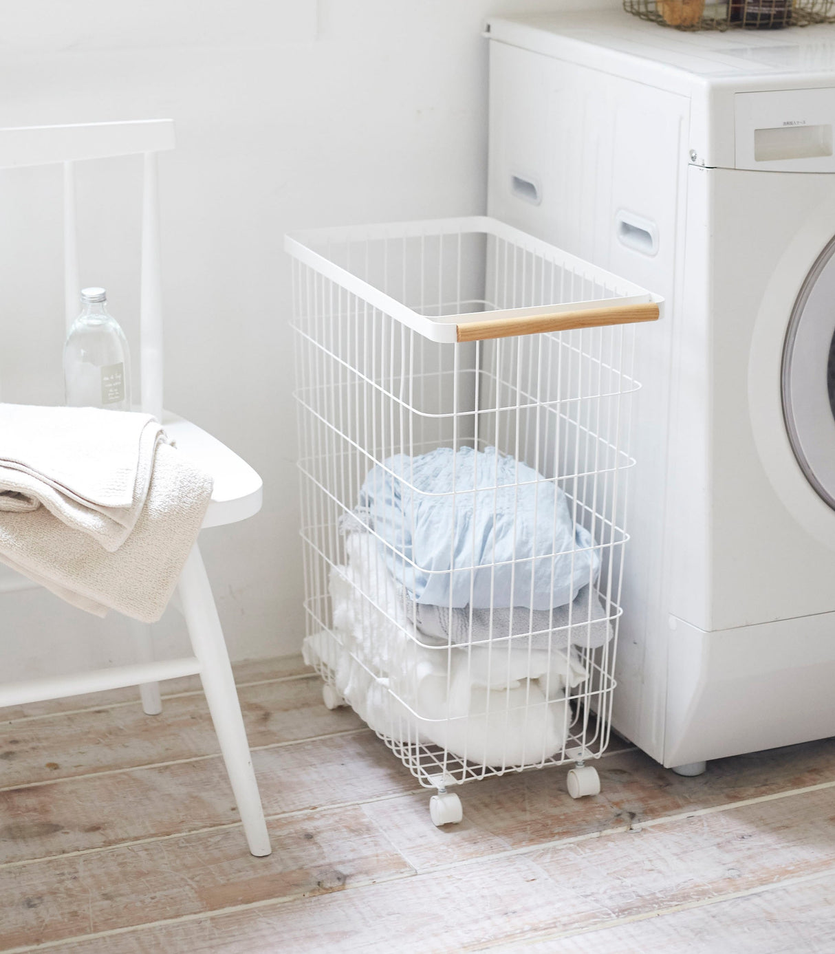 Rolling Wire Basket (24" H) - Steel + Wood-Laundry Basket-Parc Decor