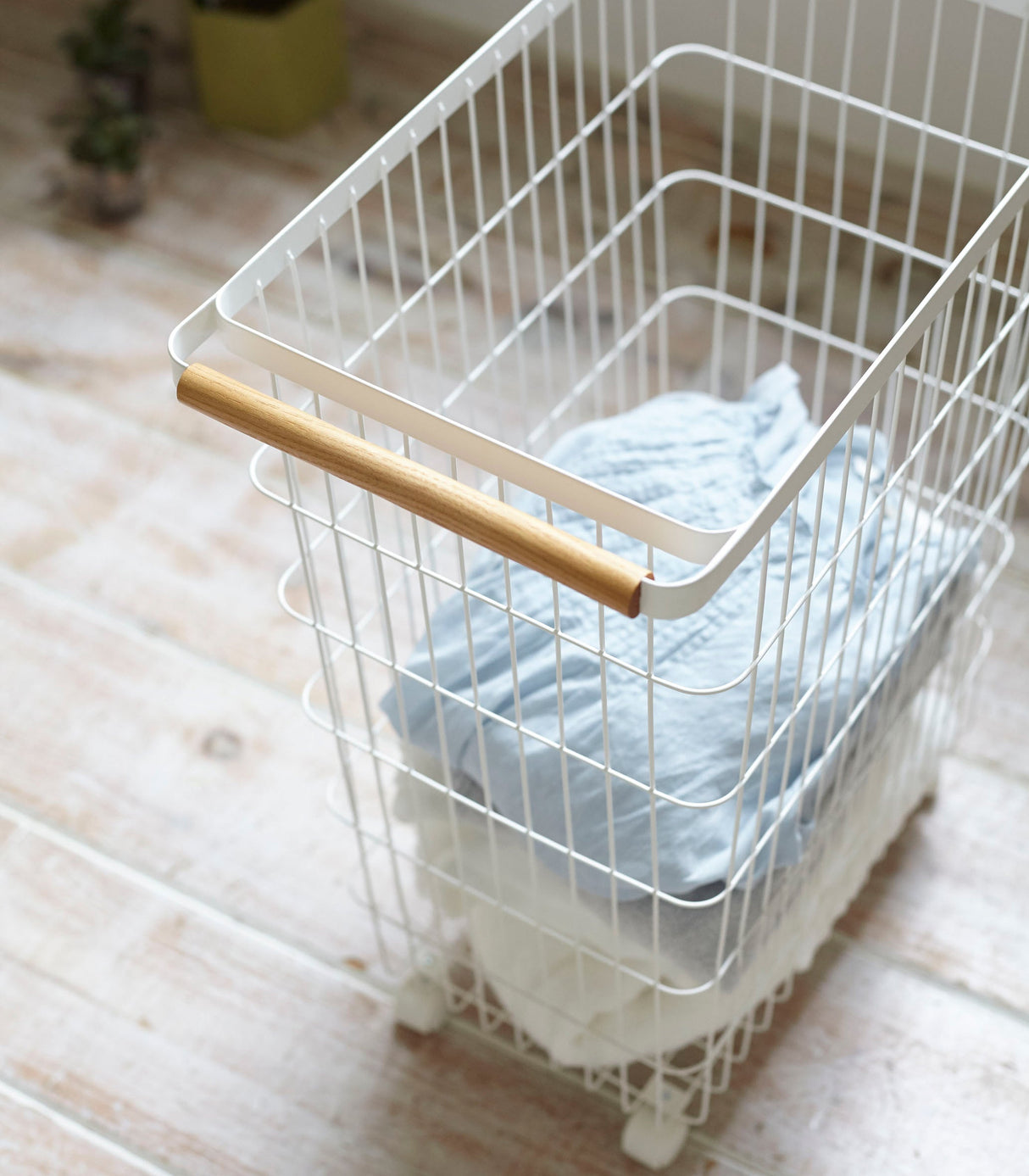 Rolling Wire Basket (24" H) - Steel + Wood-Laundry Basket-Parc Decor