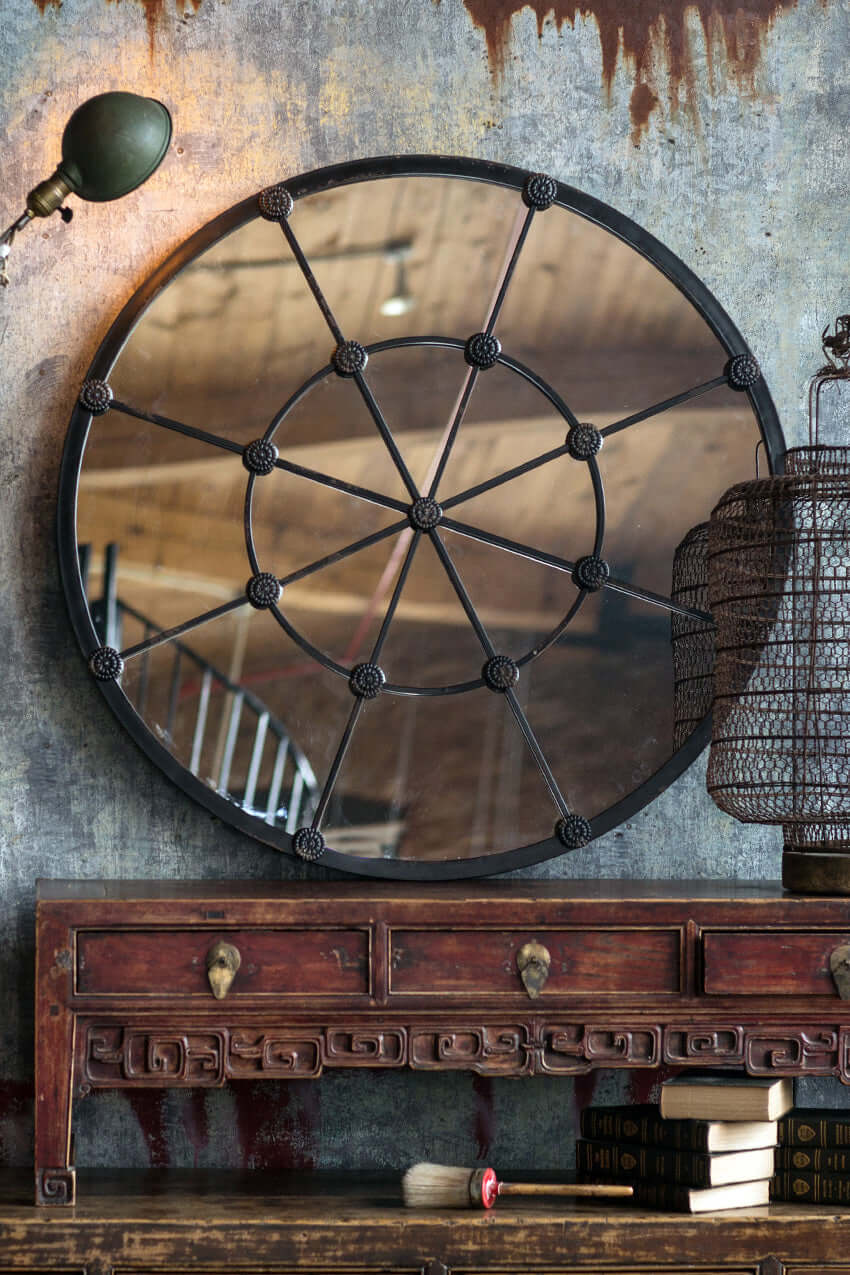 Round Industrial Grid Wall Mirror-Mirror-Parc Decor
