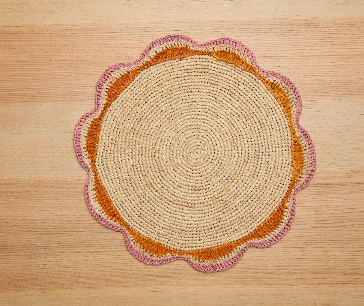 Round Pink Raffia Placemat – 14” Handwoven Crochet – Garden Party & Summer Table Decor-table top-Parc Decor