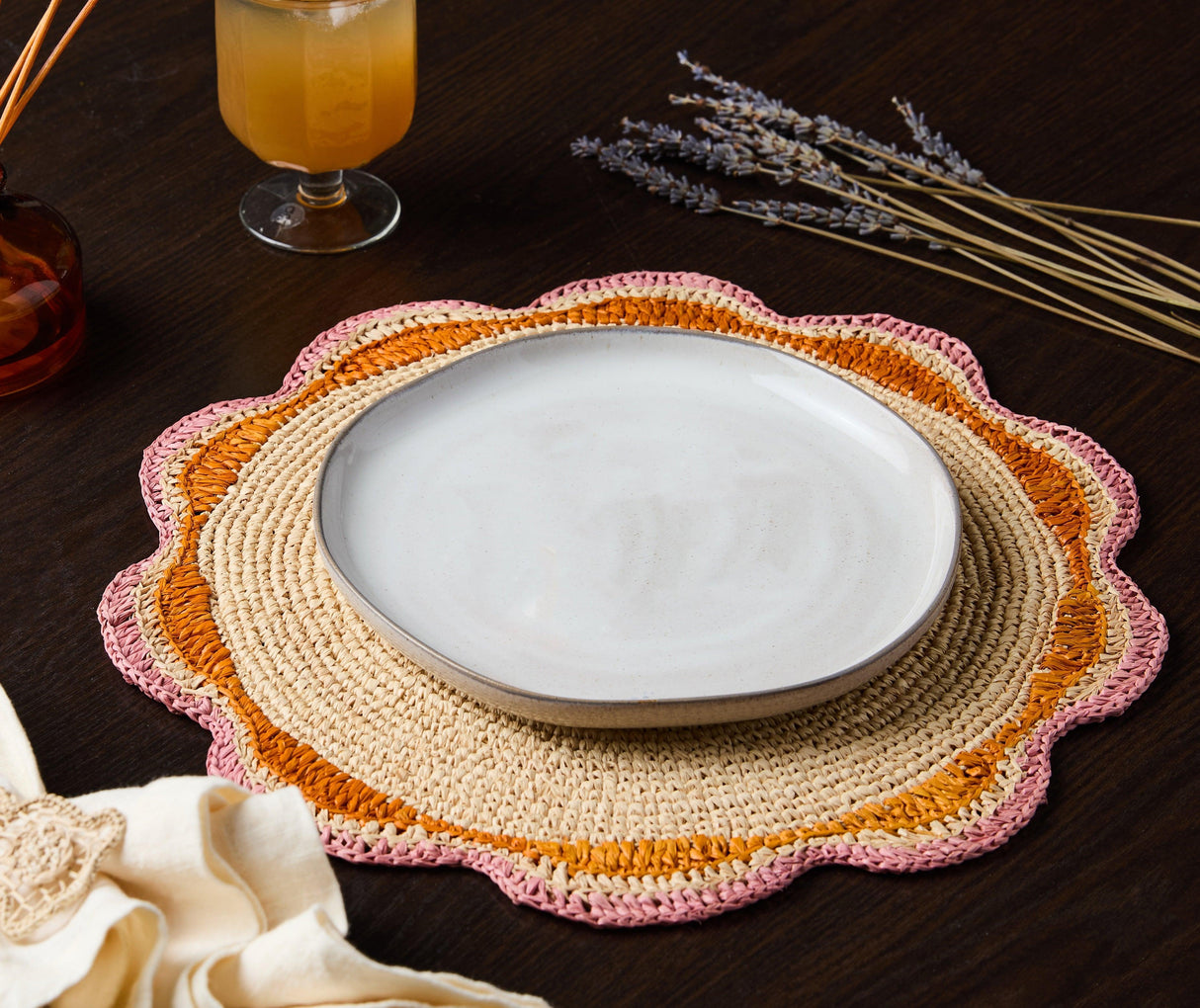 Round Pink Raffia Placemat – 14” Handwoven Crochet – Garden Party & Summer Table Decor-table top-Parc Decor