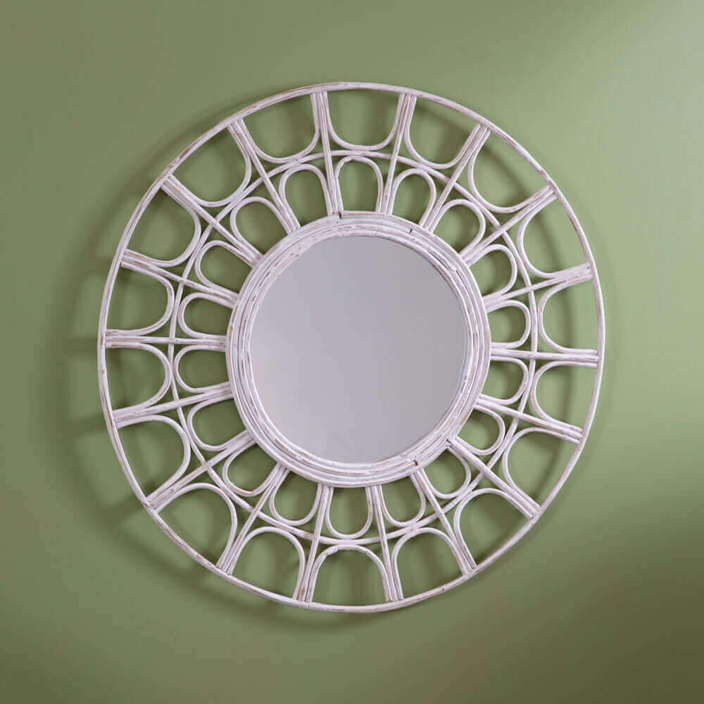 Round Rattan Wall Mirror in White-Mirror-Parc Decor