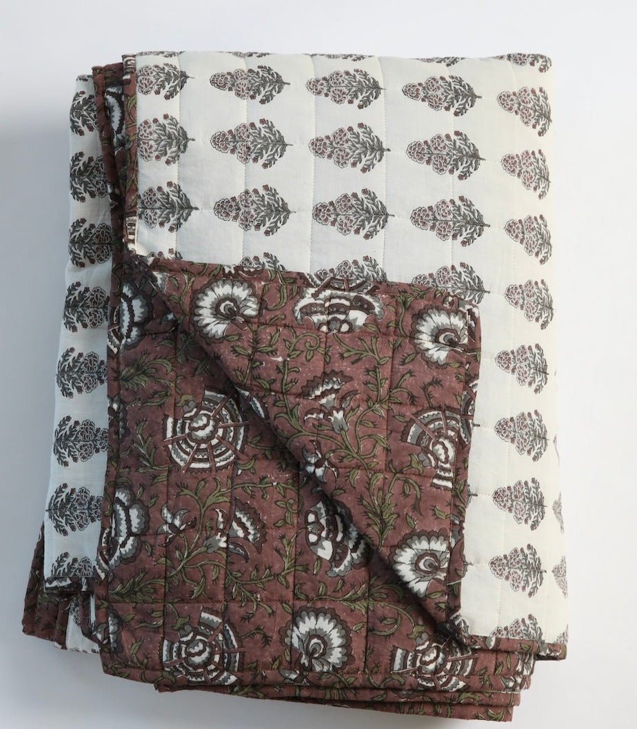 Ruby Cotton Block Print Quilted Coverlet-Quilts and Throws-Parc Decor