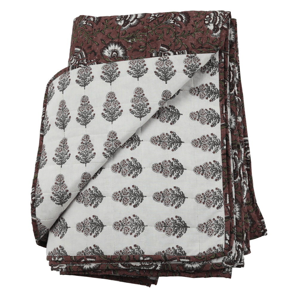 Ruby Cotton Block Print Quilted Coverlet-Quilts and Throws-Parc Decor