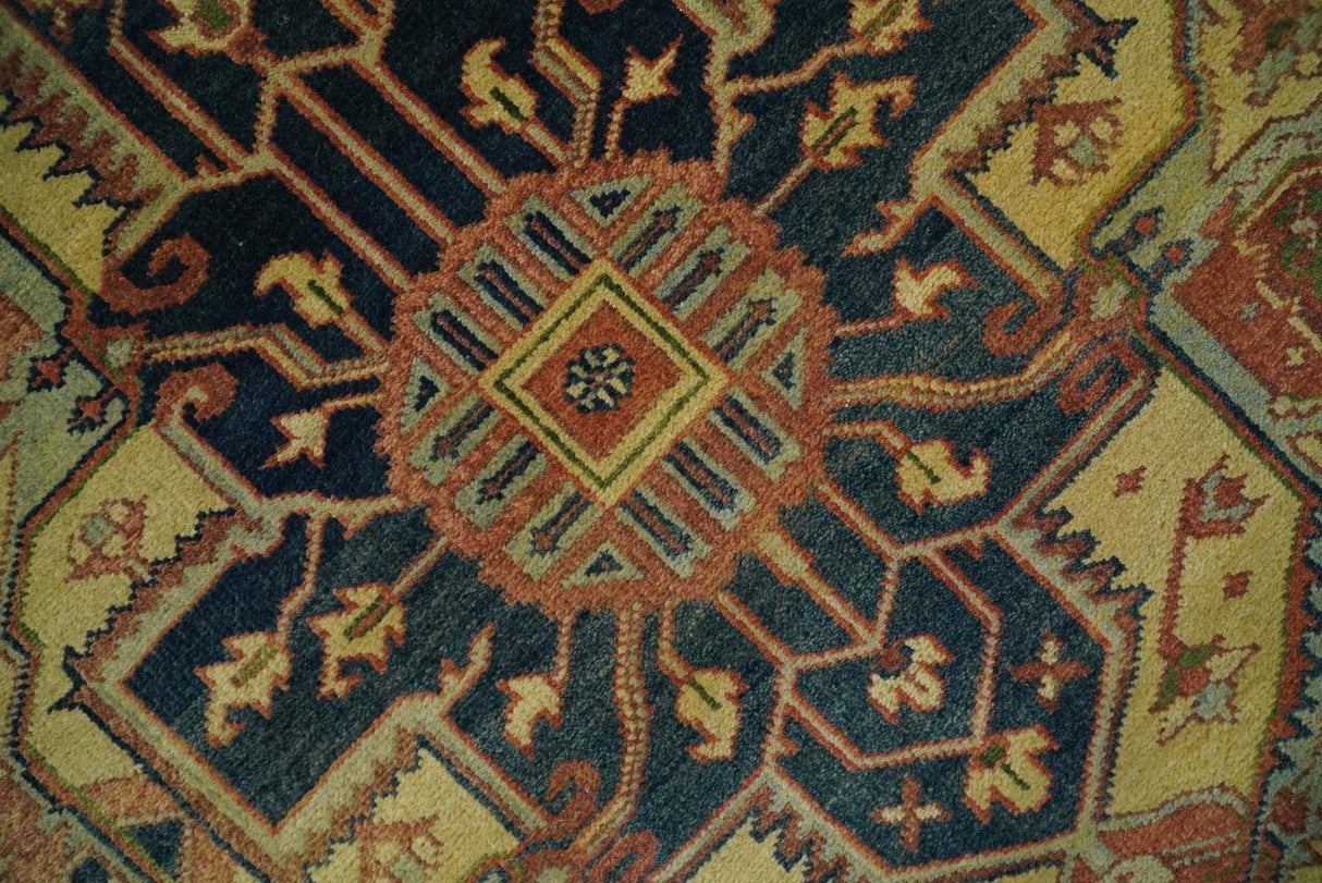 Rust And Blue Traditional Heriz Hand knotted Wool Area Rug