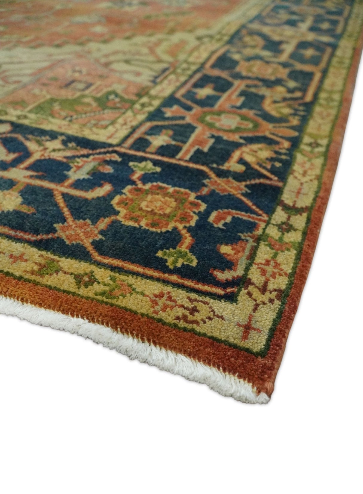 Rust And Blue Traditional Heriz Hand knotted Wool Area Rug