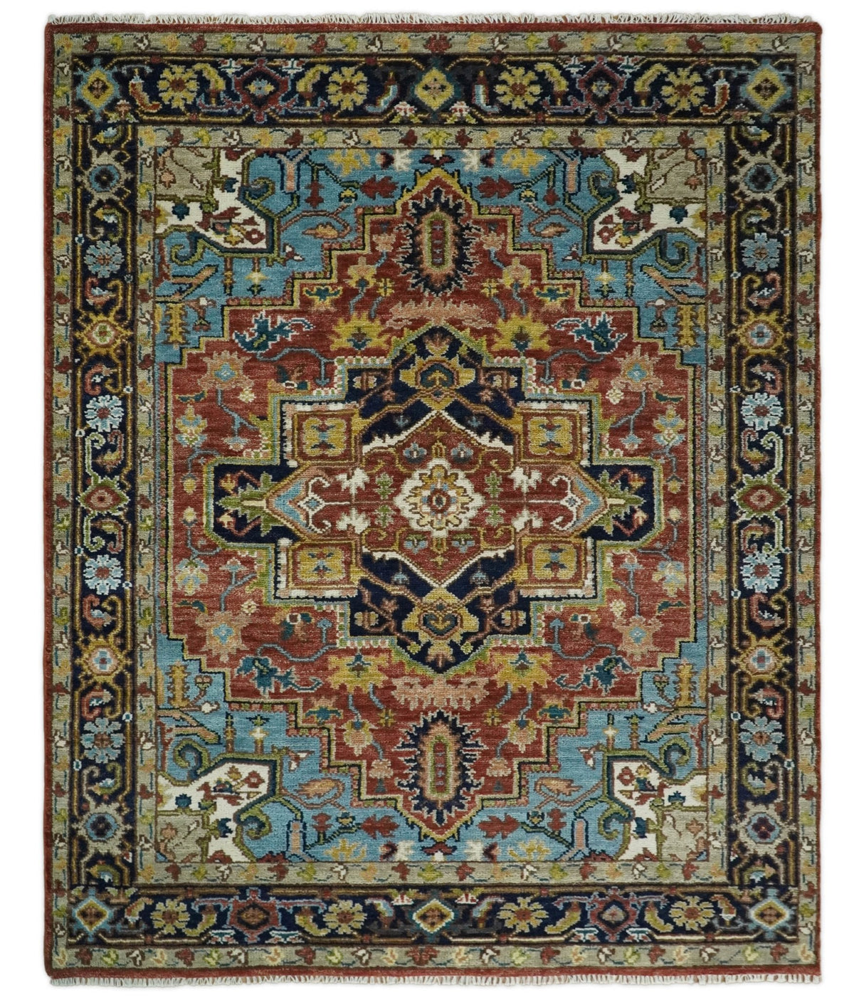 Rust And Blue Traditional Medallion Hand Knotted Wool Area Rug