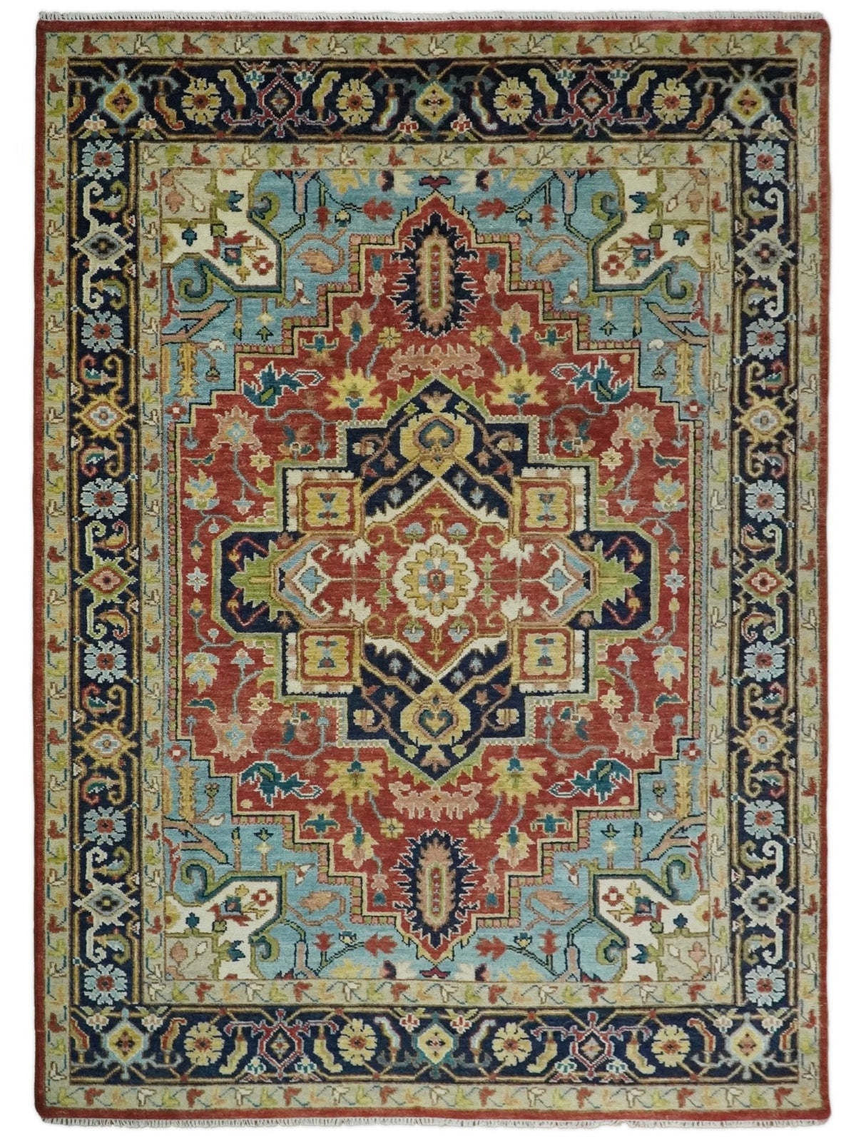 Rust And Blue Traditional Medallion Hand Knotted Wool Area Rug