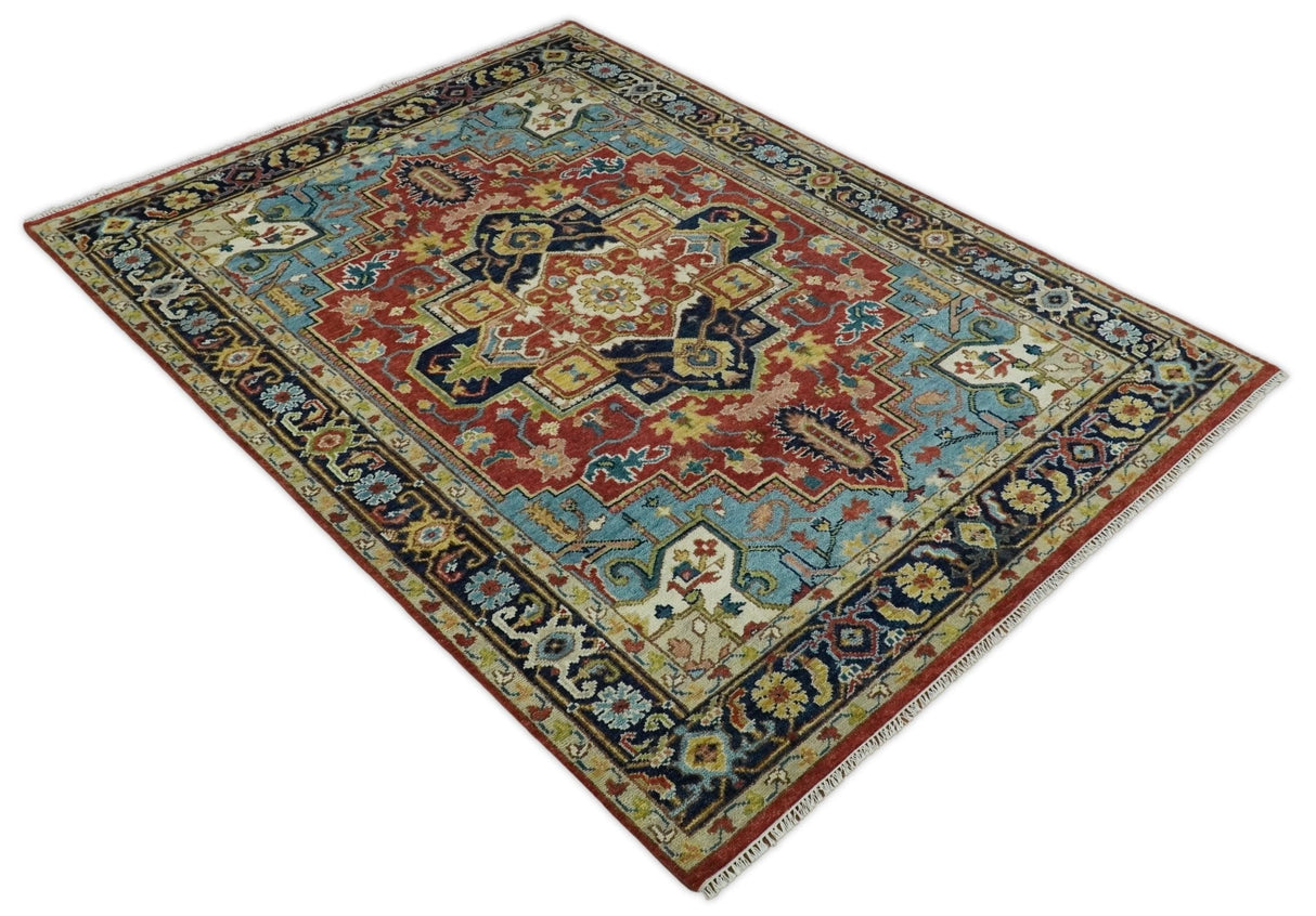 Rust And Blue Traditional Medallion Hand Knotted Wool Area Rug
