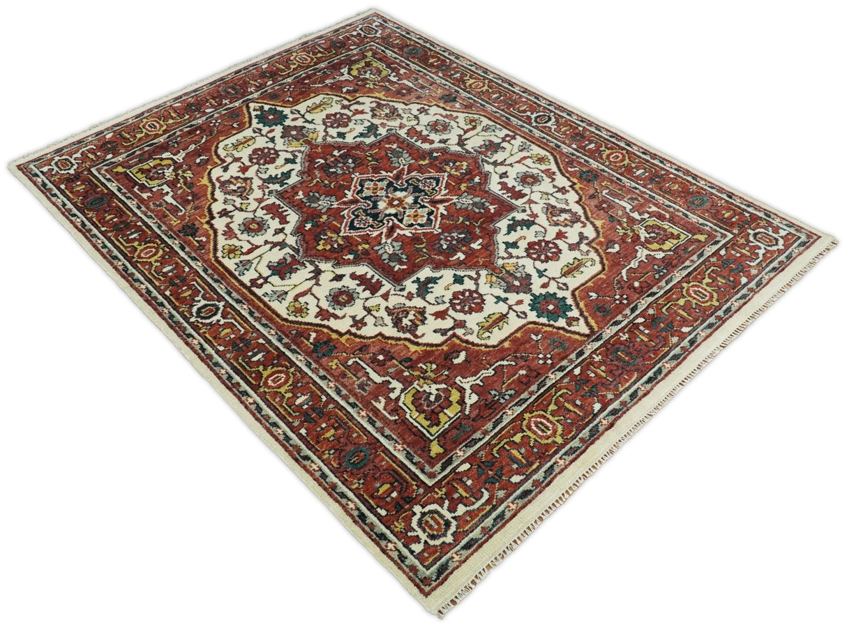 Rust And Ivory Traditional Medallion Hand Knotted Wool Area Rug