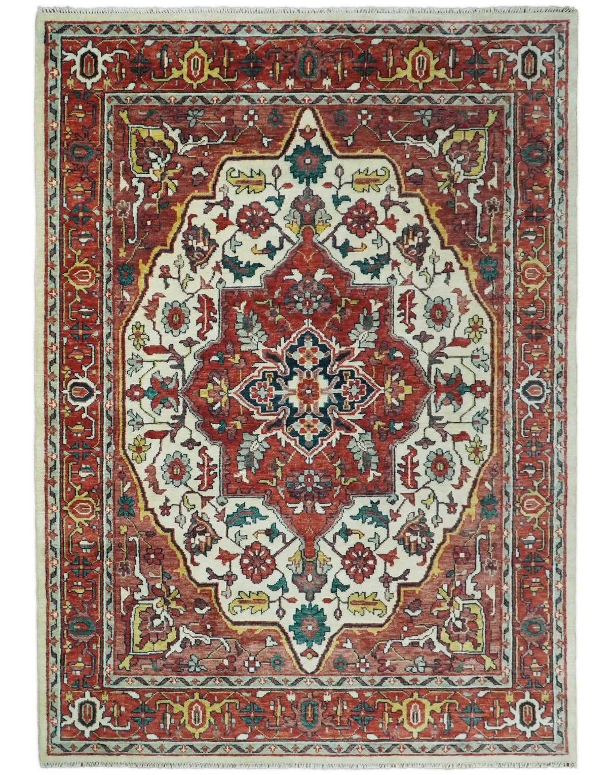 Rust And Ivory Traditional Medallion Hand Knotted Wool Area Rug