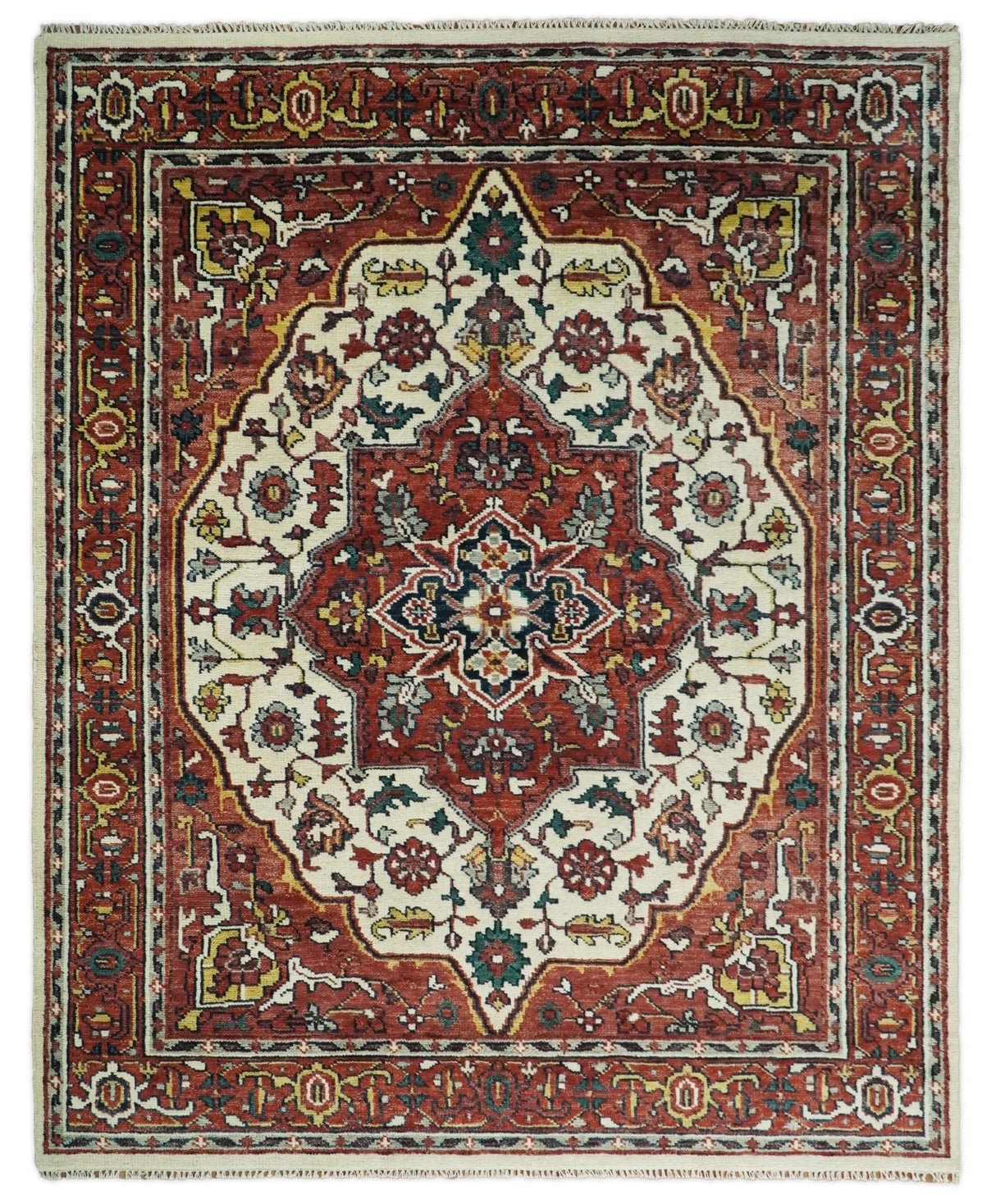 Rust And Ivory Traditional Medallion Hand Knotted Wool Area Rug