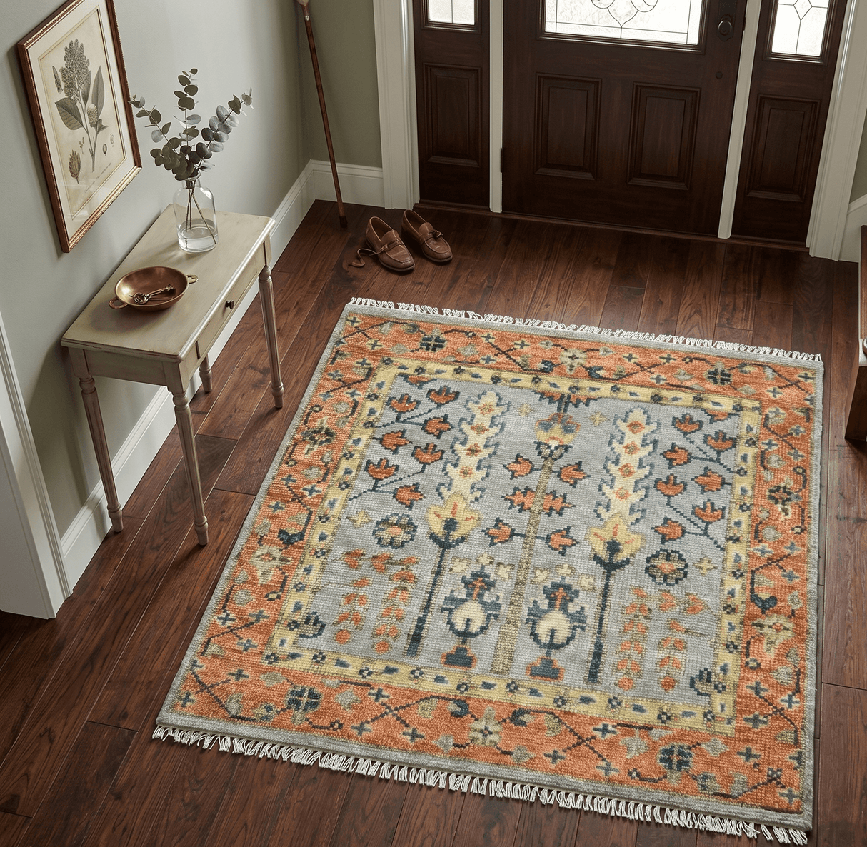 Rust And Silver Tree of life Hand Knotted 4x4 Square Wool Rug