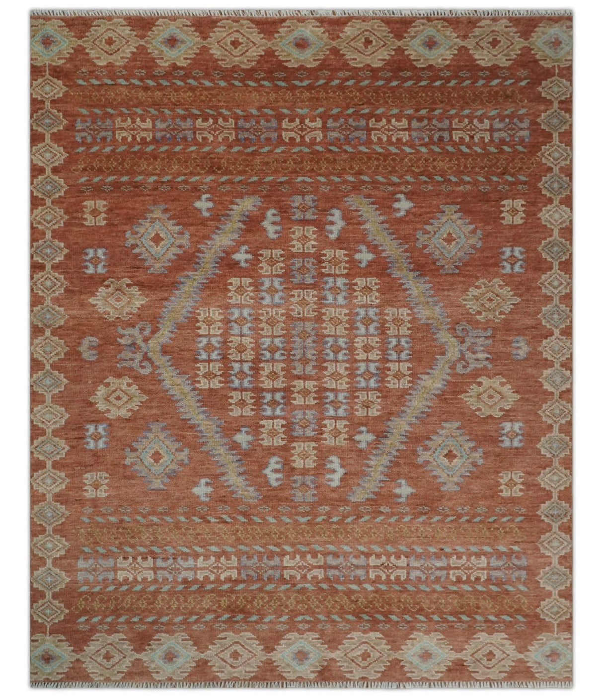 Rust, Beige and Blue Hand knotted Traditional Multi Size Oriental wool Area Rug