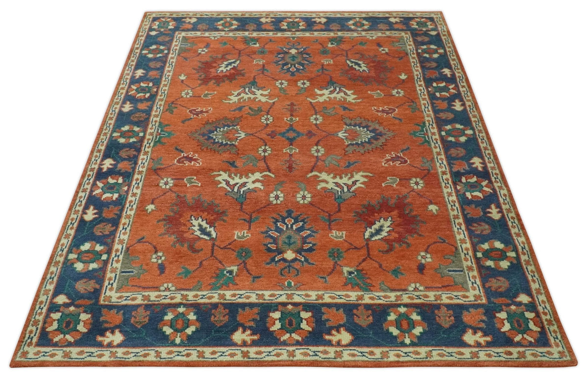 Rust, Blue and Beige Hand Knotted Oriental Oushak Multi Size wool Area Rug