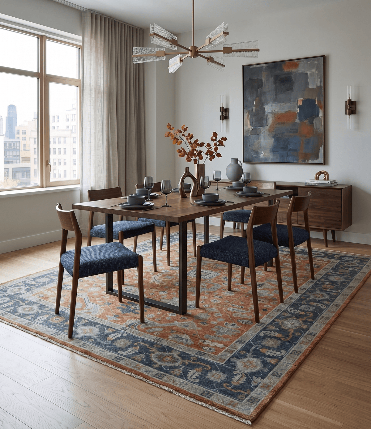 Rust, Blue and Silver Hand Knotted Traditional Multi Size Oushak Wool Area Rug