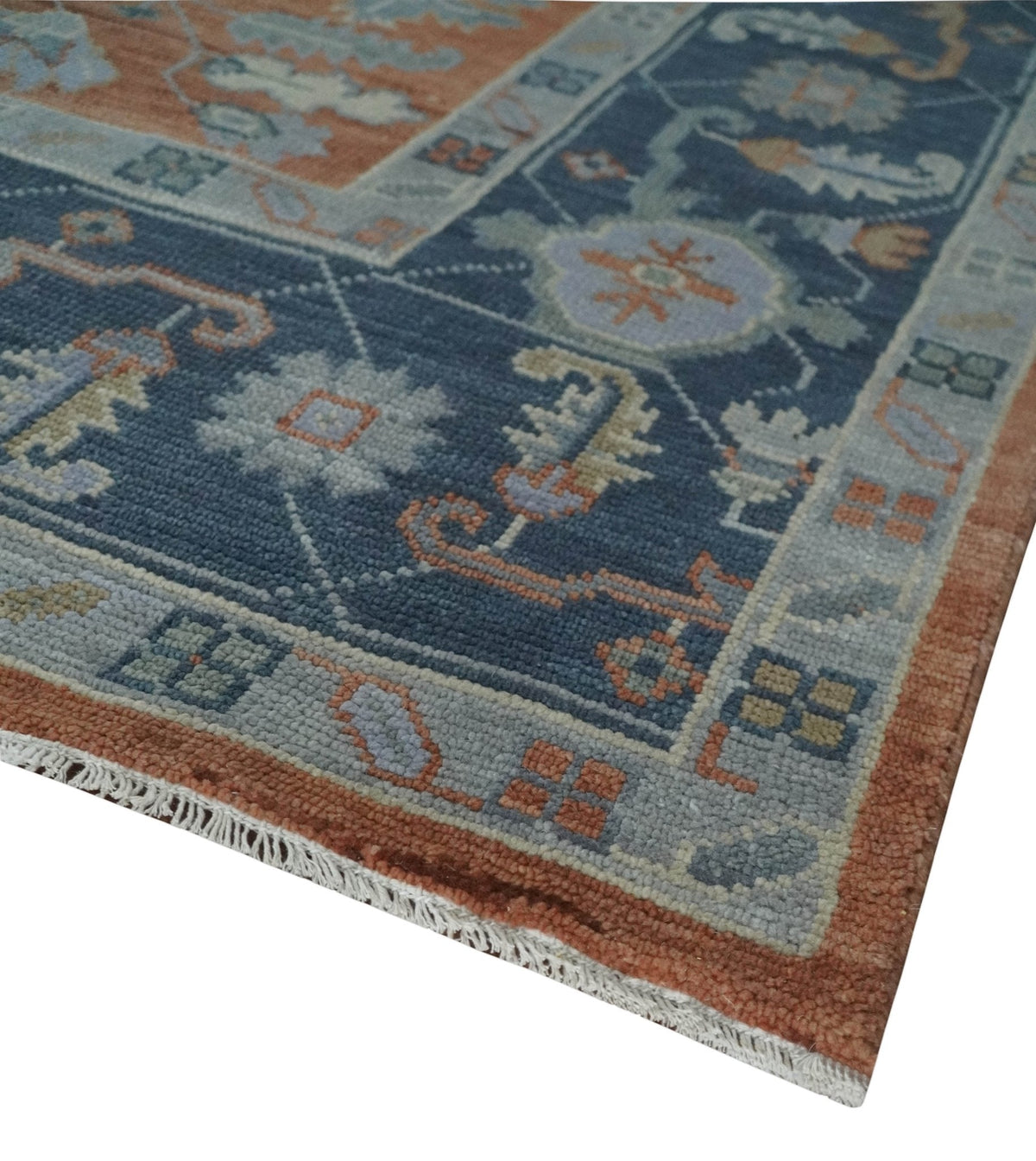Rust, Blue and Silver Hand Knotted Traditional Multi Size Oushak Wool Area Rug