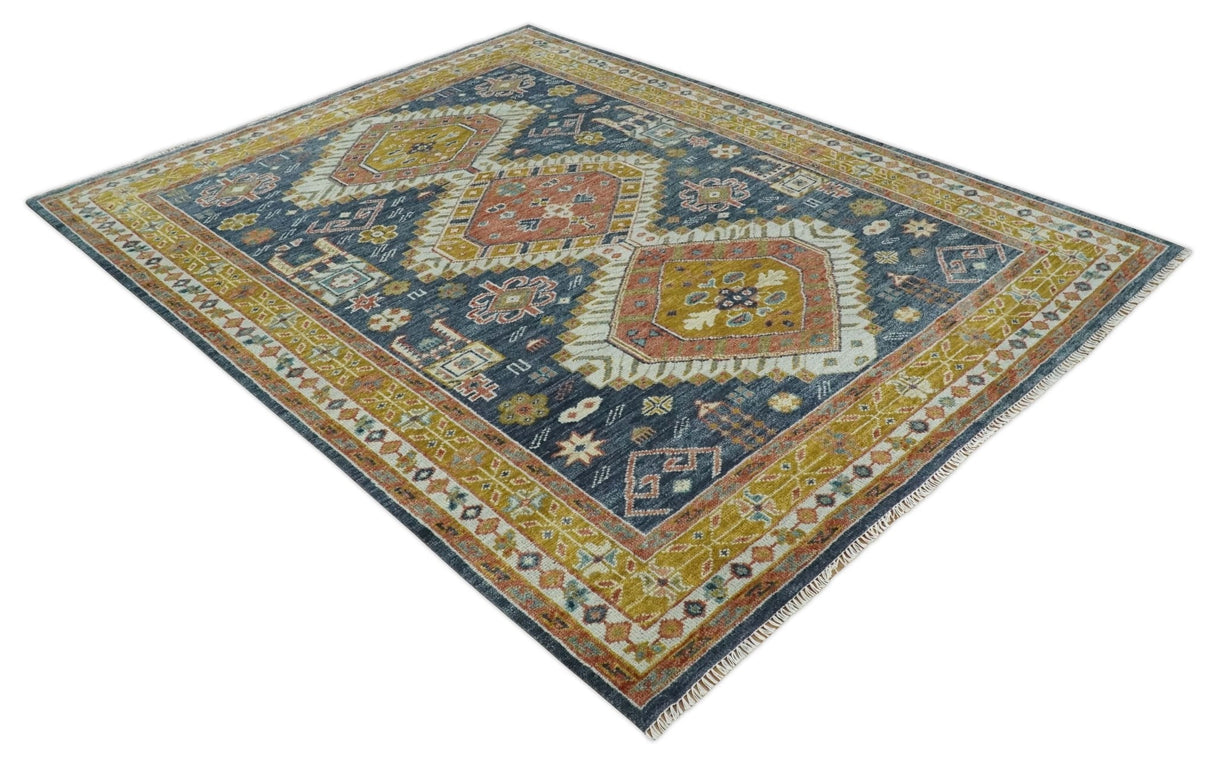 Rust, Gold and Blue Traditional Hand knotted Custom Made wool Area Rug