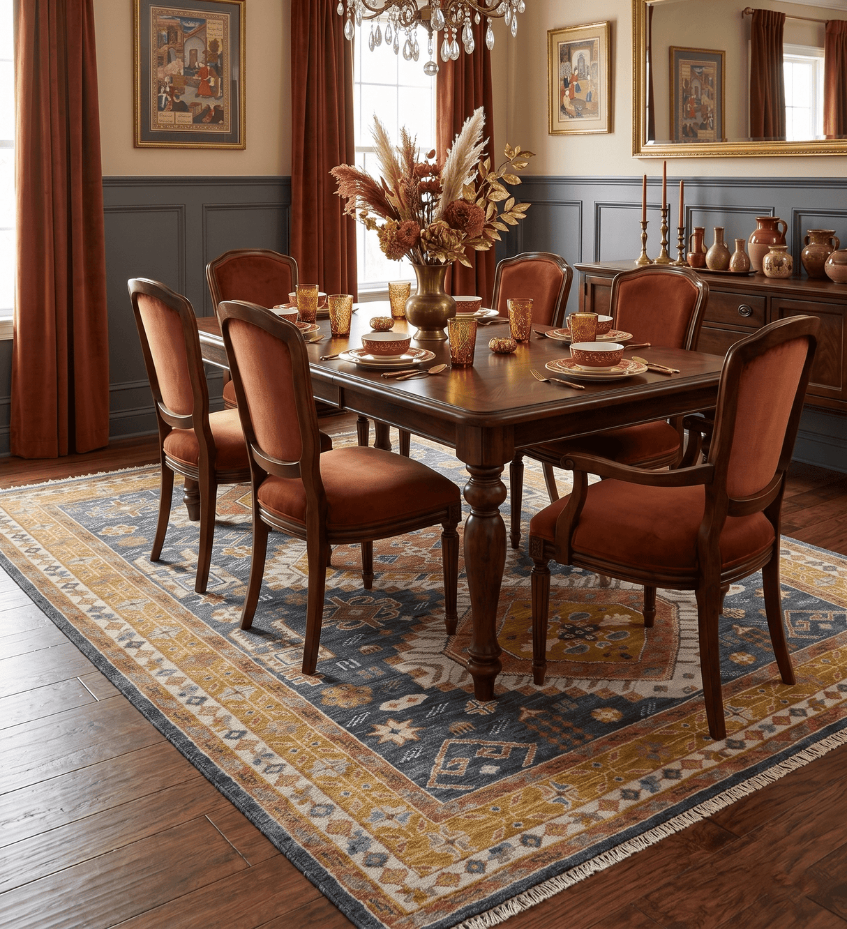 Rust, Gold and Blue Traditional Hand knotted Custom Made wool Area Rug
