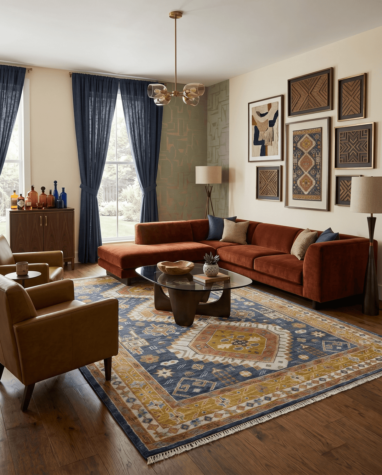 Rust, Gold and Blue Traditional Hand knotted Custom Made wool Area Rug