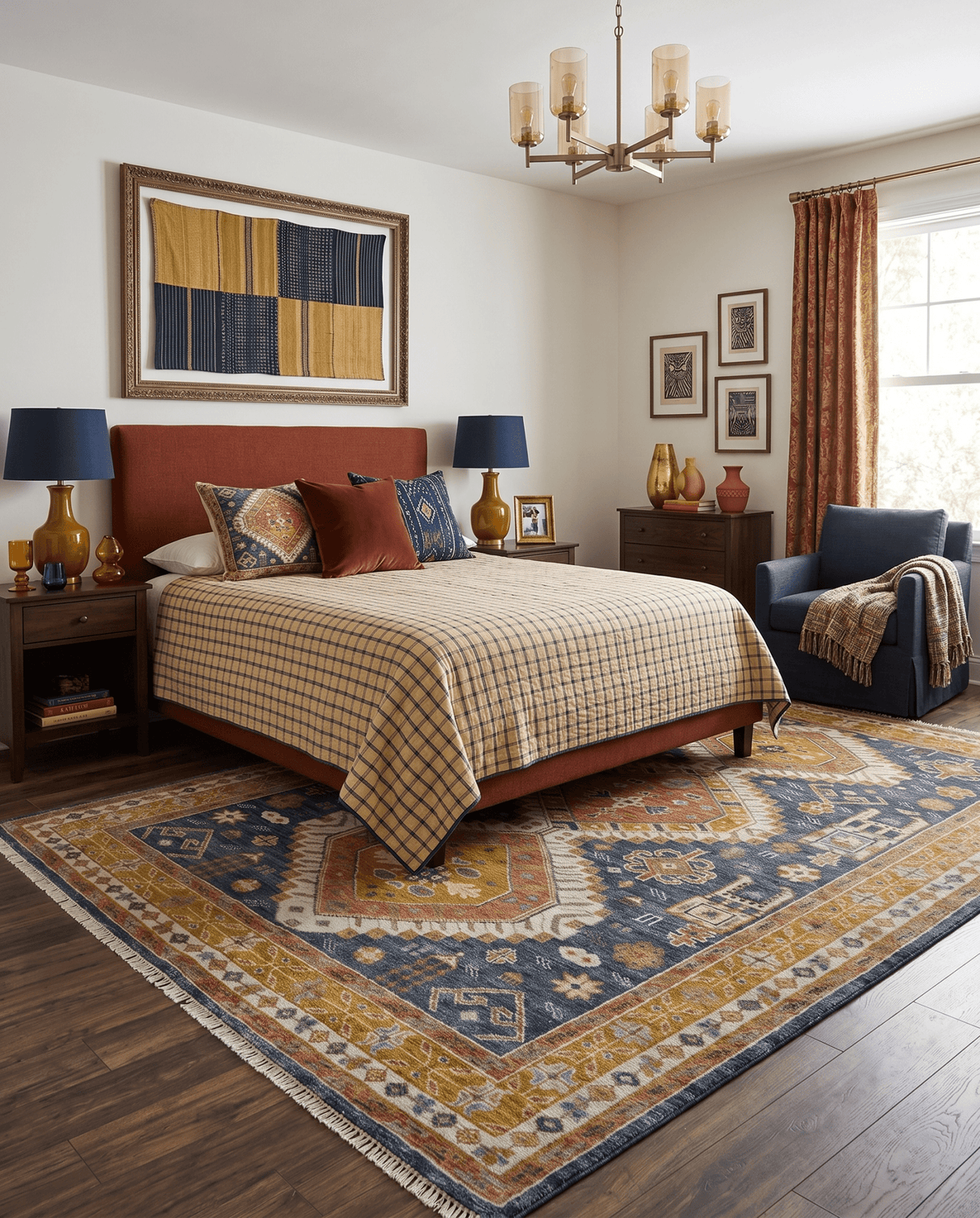 Rust, Gold and Blue Traditional Hand knotted Custom Made wool Area Rug