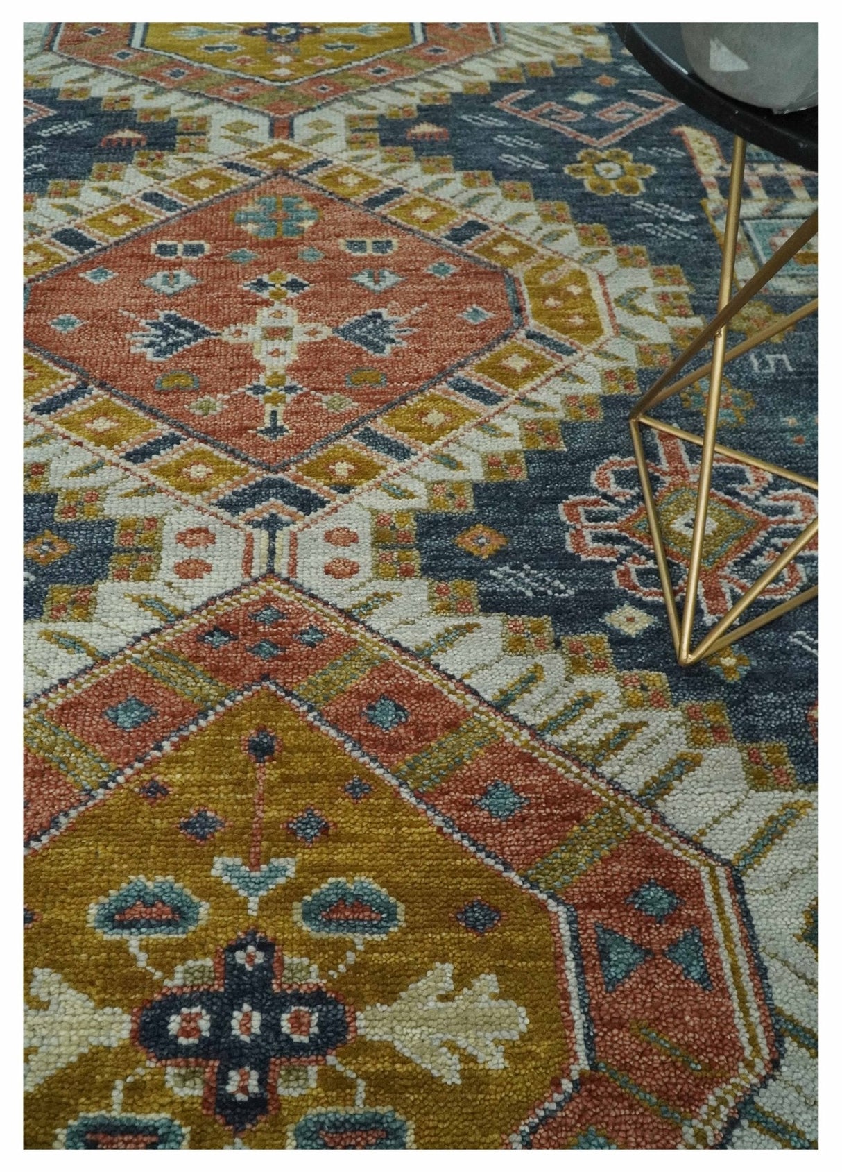 Rust, Gold and Blue Traditional Hand knotted Custom Made wool Area Rug