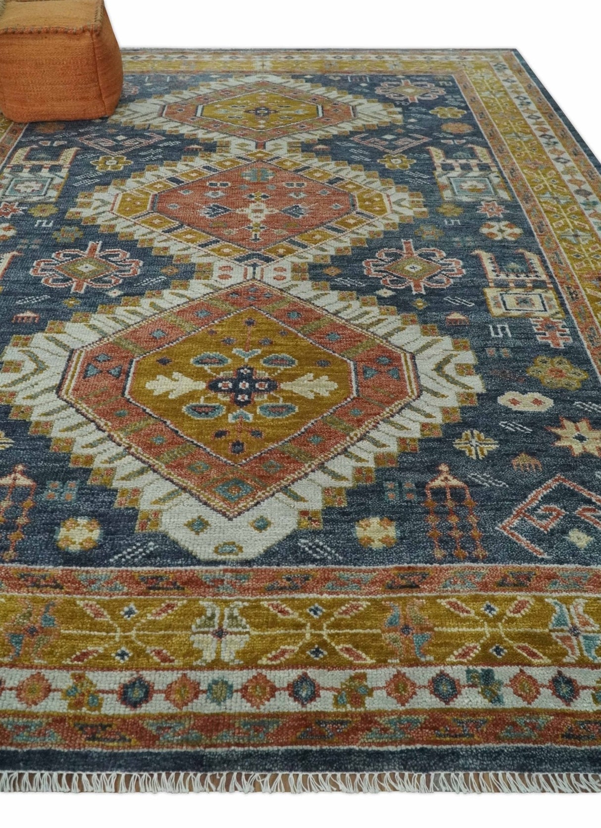 Rust, Gold and Blue Traditional Hand knotted Custom Made wool Area Rug