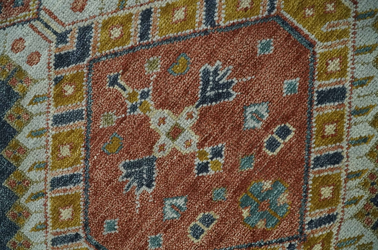 Rust, Gold and Blue Traditional Hand knotted Custom Made wool Area Rug