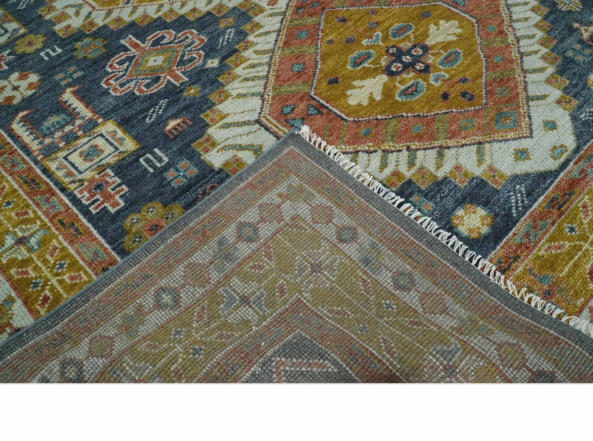 Rust, Gold and Blue Traditional Hand knotted Custom Made wool Area Rug