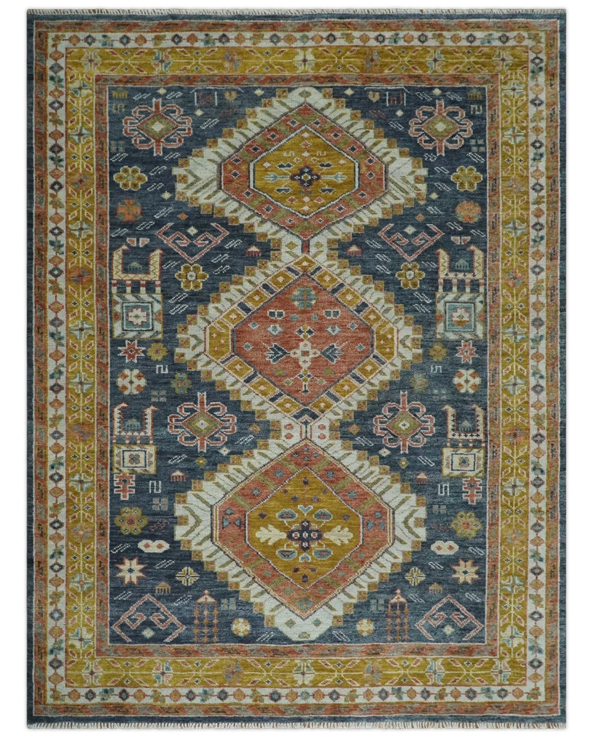 Rust, Gold and Blue Traditional Hand knotted Custom Made wool Area Rug
