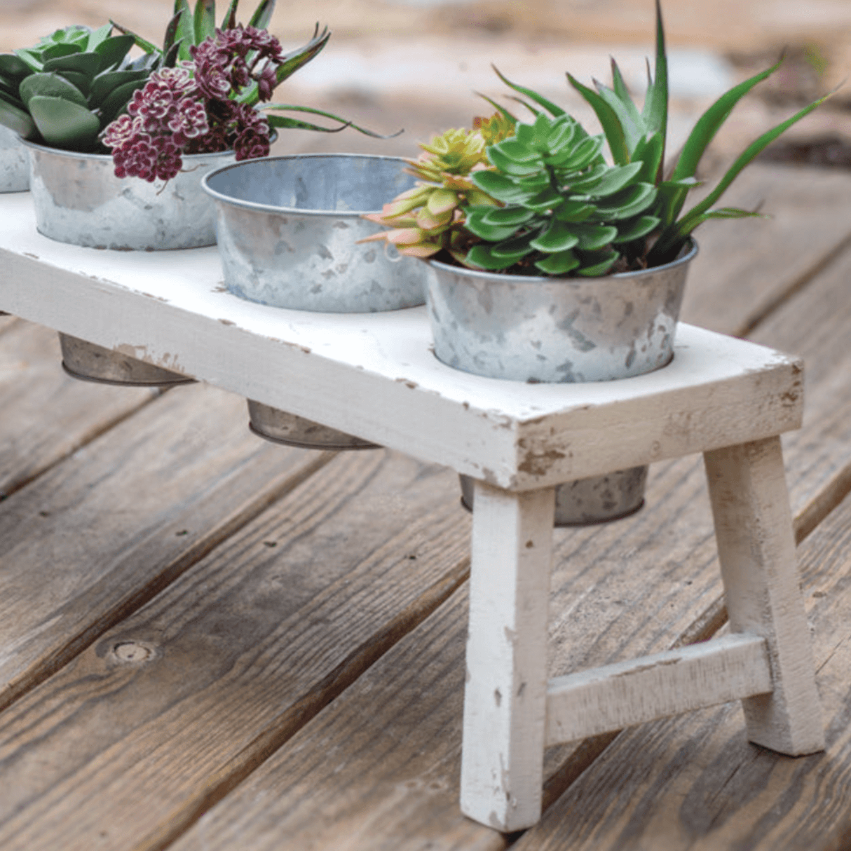 Rustic Farmhouse Bench Planter with Galvanized Pots-Planter-Parc Decor