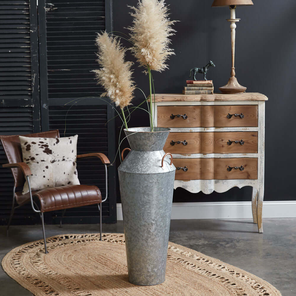 Rustic Galvanized Metal Floor Vase with Handles-vase-Parc Decor