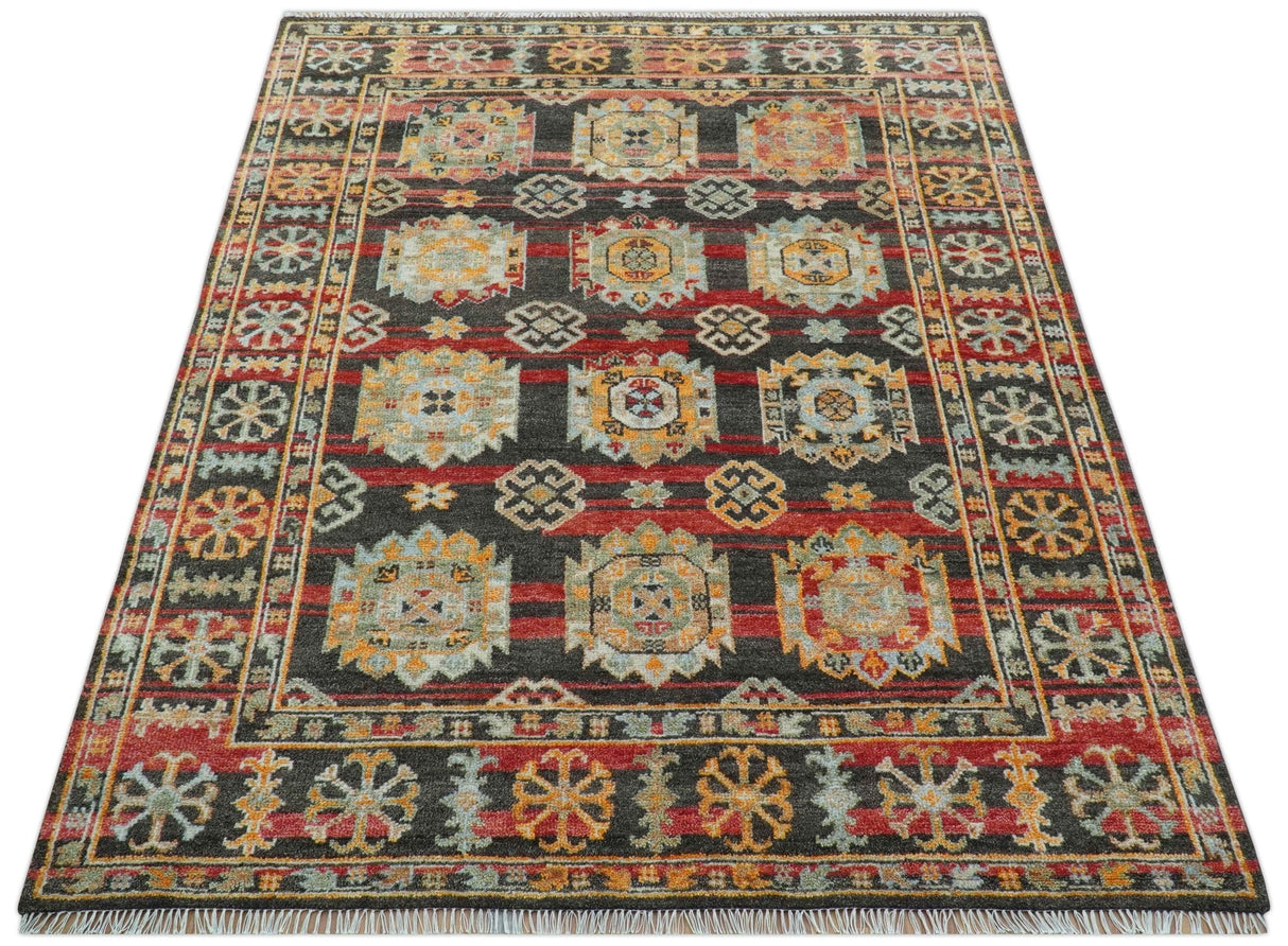 Rustic Hand knotted Traditional 8x10 Charcoal And Red Wool Rug