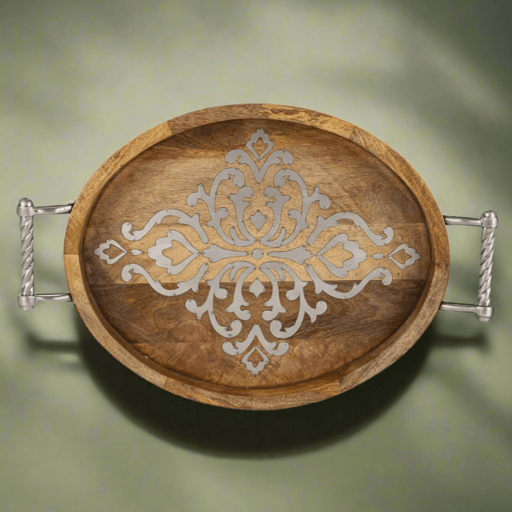 Rustic Mango Wood Serving Tray with Metal Handles-Serving Tray-Parc Decor