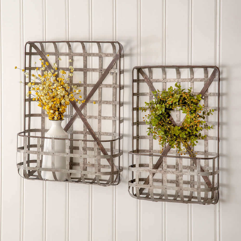 Rustic Tobacco Basket Wall Pockets in Metal (Set of 2)-Wall Shelves & Ledges-Parc Decor
