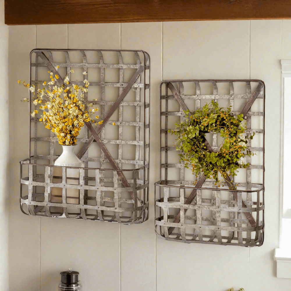 Rustic Tobacco Basket Wall Pockets in Metal (Set of 2)-Wall Shelves & Ledges-Parc Decor