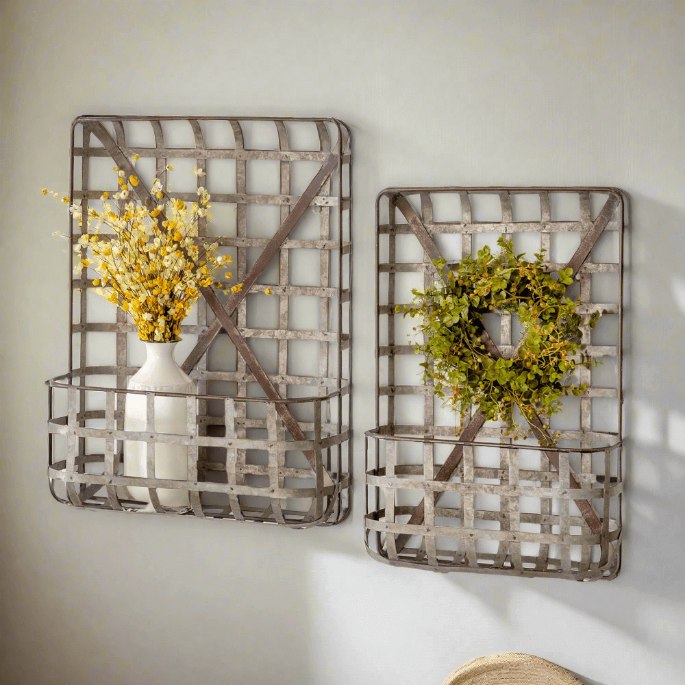 Rustic Tobacco Basket Wall Pockets in Metal (Set of 2)-Wall Shelves & Ledges-Parc Decor