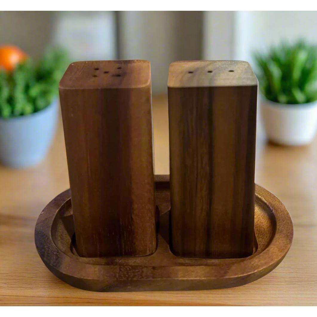 Salt & Pepper Shakers on an Acacia Wood Base