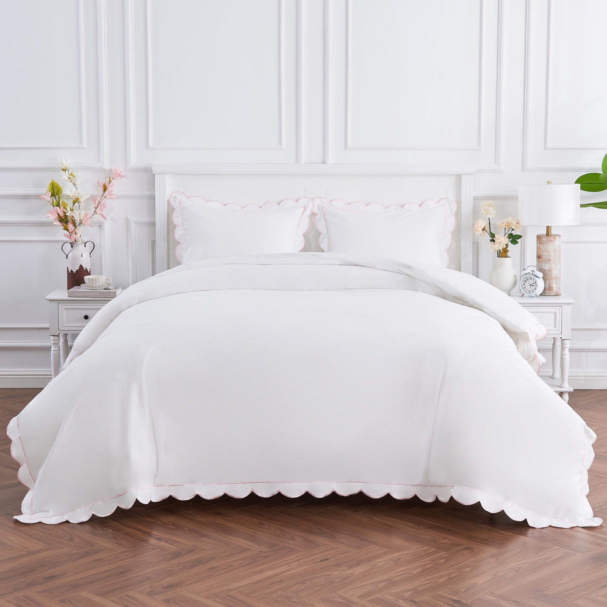 Scallop Frame Embroidered Cotton Percale Duvet Set-Duvet-Parc Decor