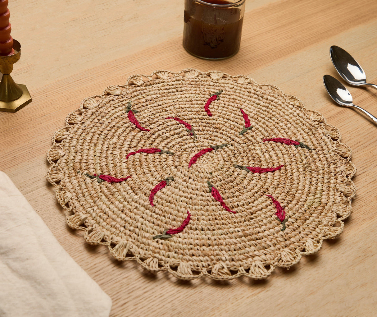 Scattered Chili Handwoven Raffia Round Placemat – Artisan Table Décor-table tops-Parc Decor