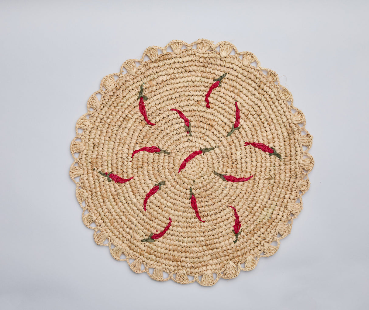 Scattered Chili Handwoven Raffia Round Placemat – Artisan Table Décor-table tops-Parc Decor