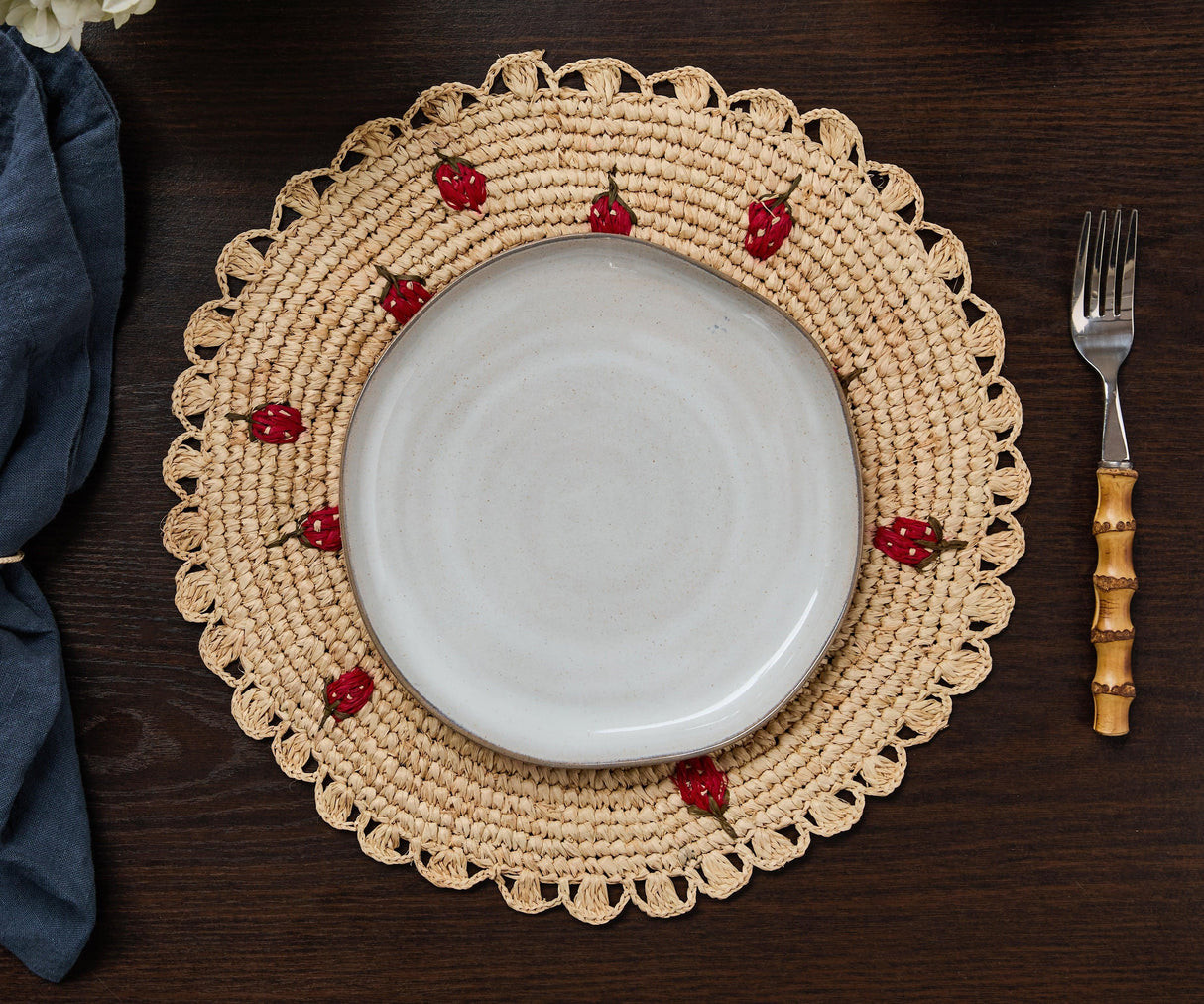 Scattered Strawberry Hand-Crocheted Raffia Palm Round Placemat-table tops-Parc Decor