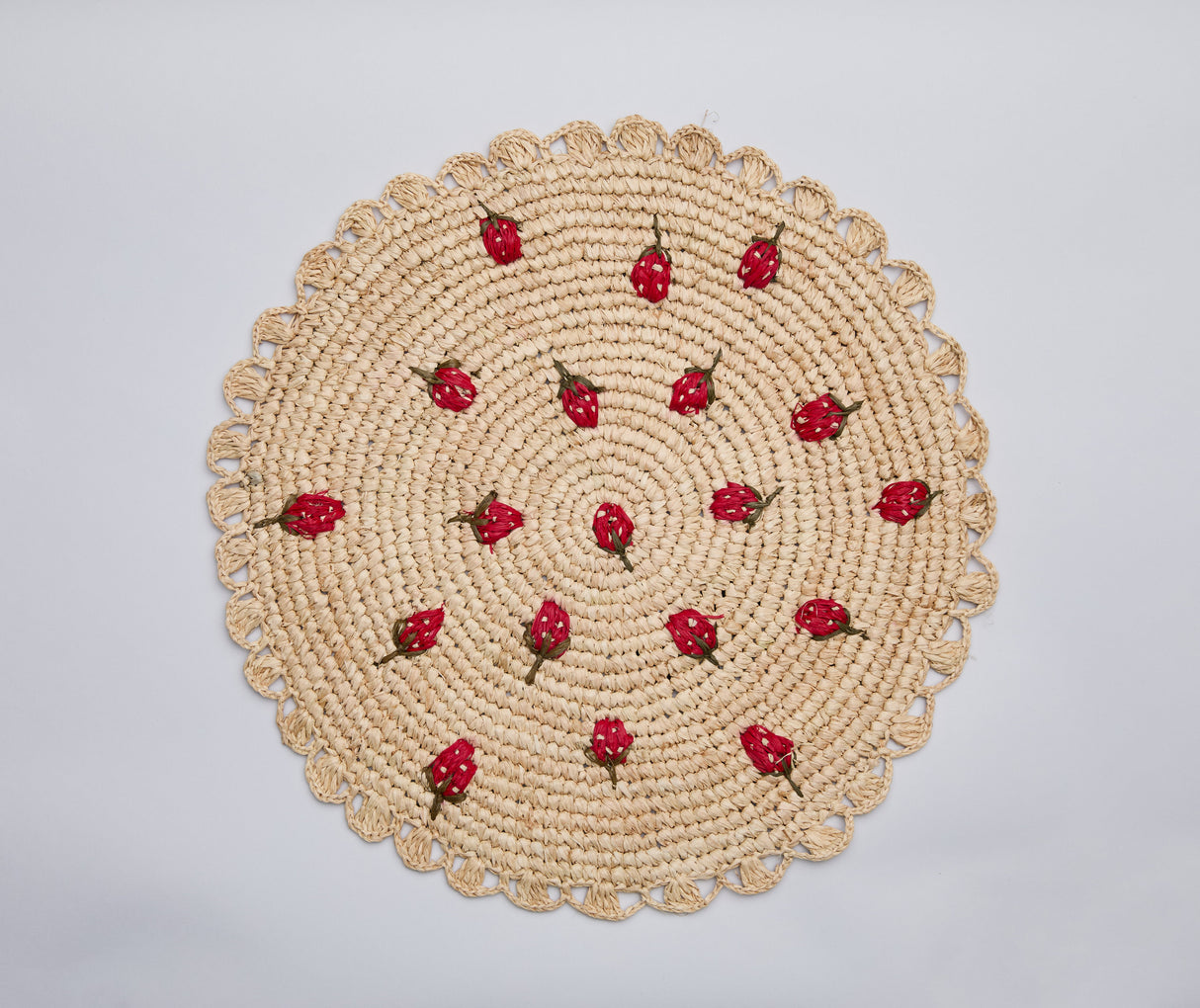 Scattered Strawberry Hand-Crocheted Raffia Palm Round Placemat-table tops-Parc Decor