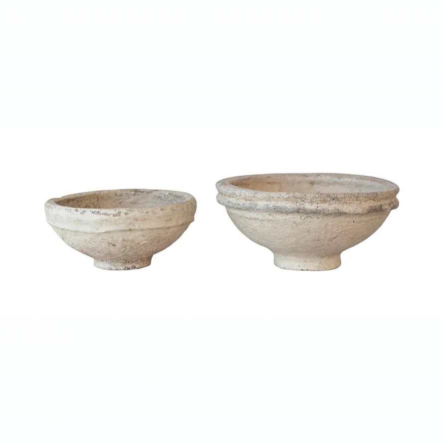 Set of 2 Found Decorative Paper Mâché Bowls – Aged White Finish-Bowls and Trays-Parc Decor