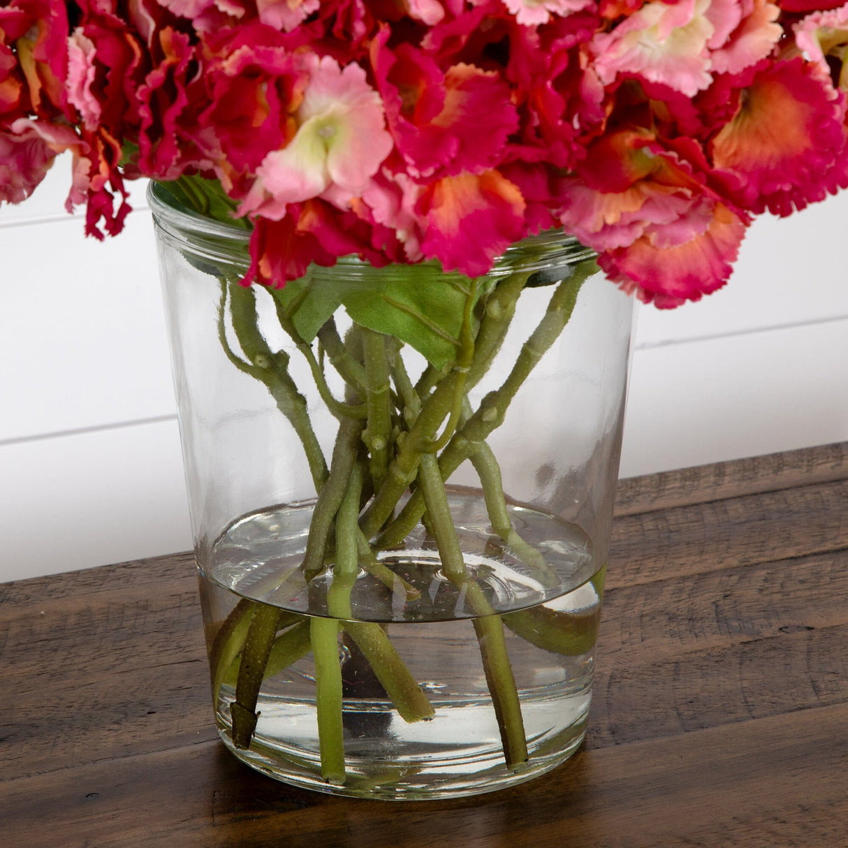 Signature Collection 18” Blooming Hydrangea Artificial Arrangement in Glass Vase-Arrangement-Parc Decor